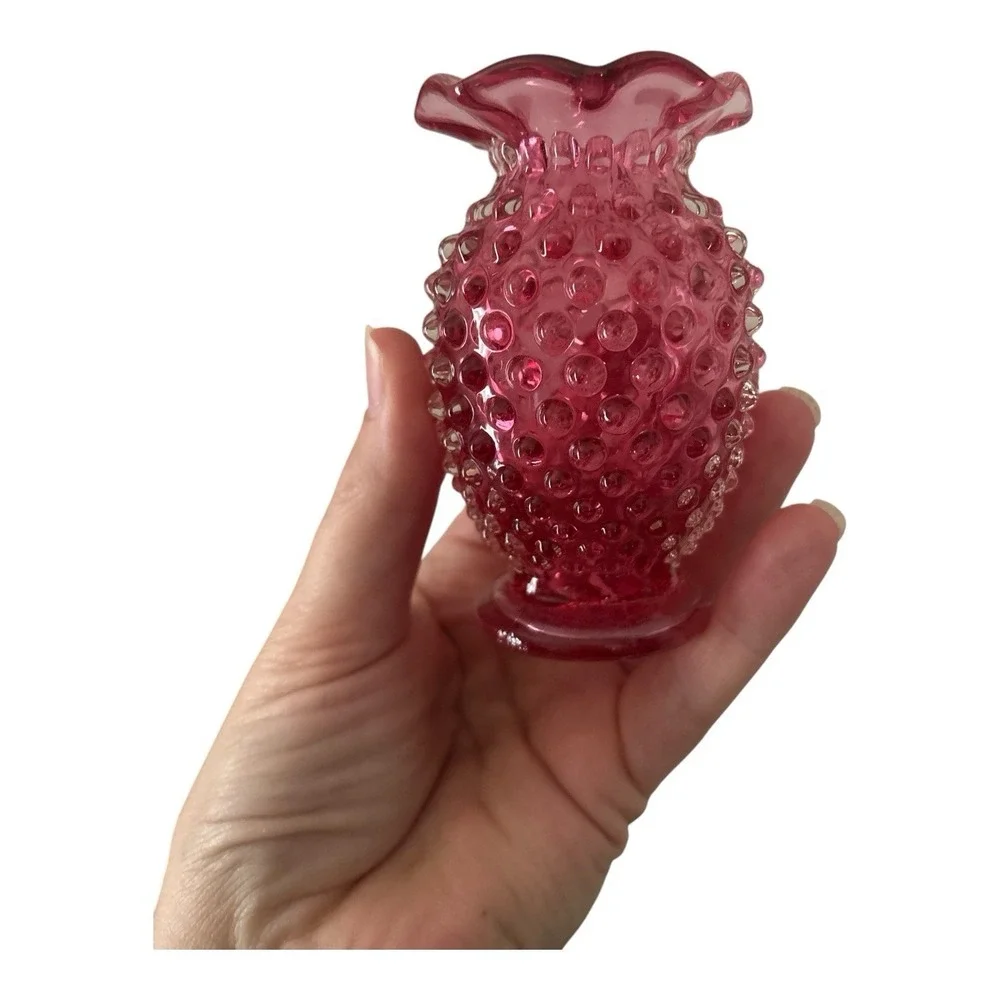 Vintage Fenton Cranberry Opalescent Hobnail Ruffled Mini Bud Vase pair 4